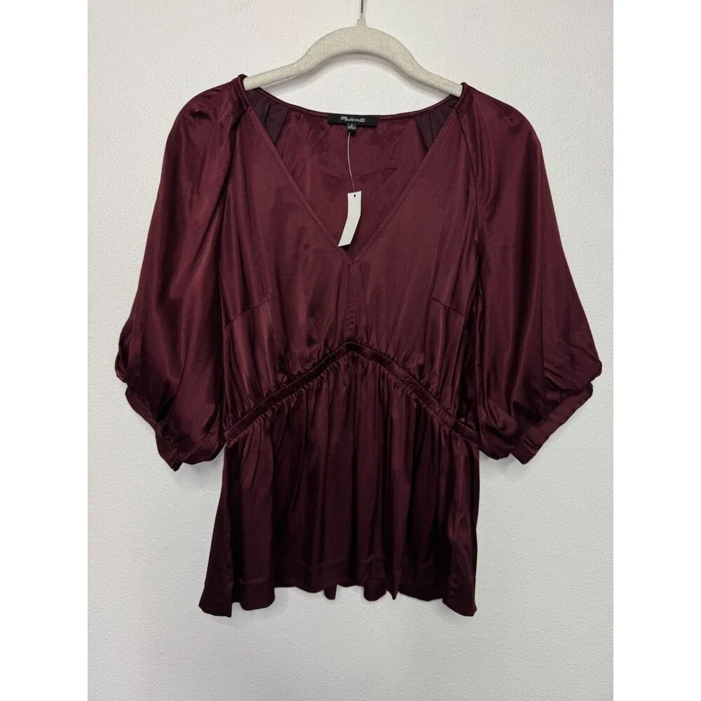 Madewell Medium Shirred Puff Sleeve Top Satin Cabernet V-Neck Empire Waist NWT